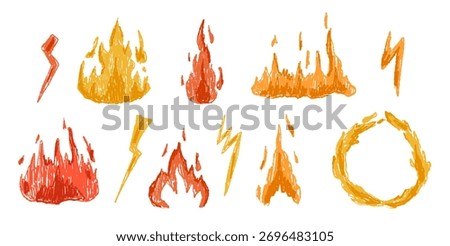 Fire, flame and lightning drawn with chalk brush texture
