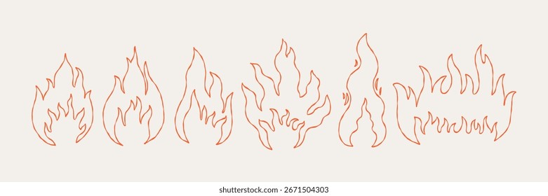 Fire Flame Line Icon Set. Doodle Hot Logo. Grunge Vector Illustration
