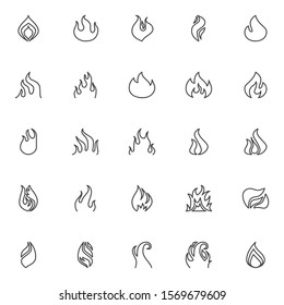 Fire flame line icons set. linear style symbols collection, outline signs pack. vector graphics. Set includes icons as burning fire, bonfire, flammable, blaze, fireball, torch light, fireplace