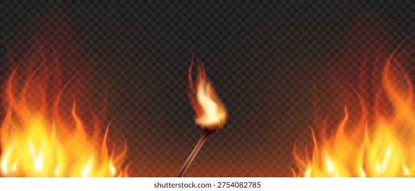 Fire flame lit match, Hot bright flame conflagration arson, Gradient mesh match burning realistic.