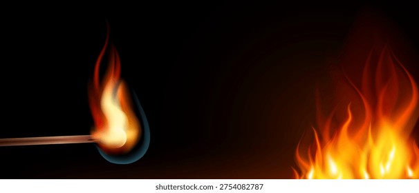 Fire flame lit match, Hot bright flame conflagration arson, Gradient mesh match burning realistic.