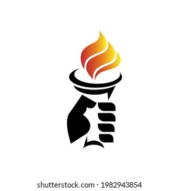 Vector de diseño del logo de la llama de fuego en la mano. Insignia Prometheus, energía de Inferno que quema energía