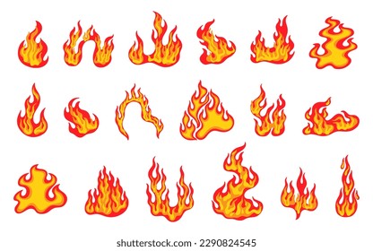 Fire flame logo. Hot shapes, red and yellow cartoon blaze, orange energy, heat symbol, explosion, bonfire sign, campfire or power passion, flammable fireballs, danger flaming, warm emblem. Vector set