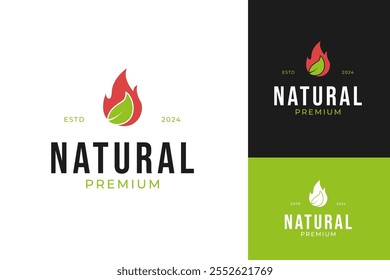 Fire flame logo with leaf icon design concept vector template illustration