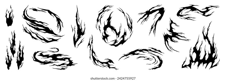 Fire flame manga explosion effect. Black ink hand drawn silhouettes anime graphic. Vector isolated illustration.