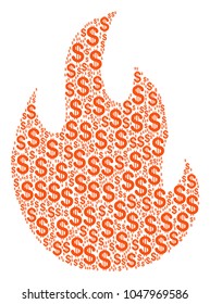 Fire Flame mosaic of american dollars. Vector dollar currency pictograms are composed into fire flame collage.