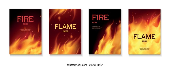 Fire flame on dark background realistic vertical posters set isolated vector illustration