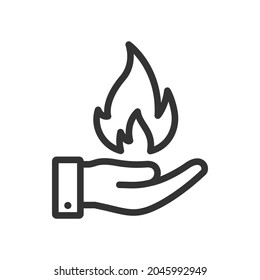 La llama de fuego en el diseño de iconos de la mano aislados en fondo blanco. Ilustración del vector