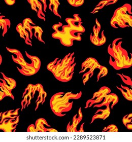 Fire flame pattern. Seamless fireflame, flammable texture of firewall, hell or spicy, hot angry devil clip art, red, orange and yellow inferno effect, temperature. Vector cartoon background