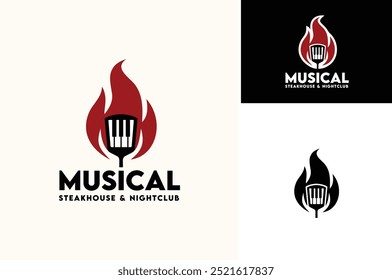 Uma chama de fogo com Piano Key Music Instrument e churrasco Spatula para Barbecue Steak Restaurant Bar Night Club Pub logo design