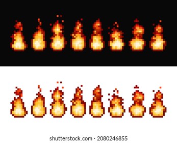 Fire flame pixel art animation sprite frames. 8bit game, cartoon torch motion set. Vector graphic explosion or burning ignition effect for videogame in vintage style, retro bonfire animation
