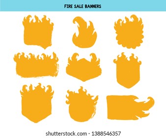 Fire flame price tag set. Rubber stamp in grunge style. Vector illustration.