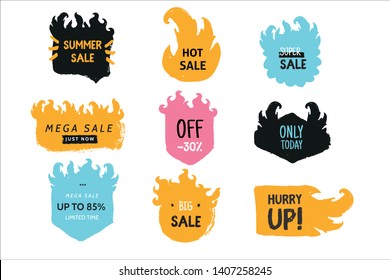Fire flame price tag set. Rubber stamp in grunge style. Vector illustration. Summer promotion