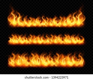 Fire flame realistic borders set of horizontal burning bonfires isolated on dark transparent background vector illustration