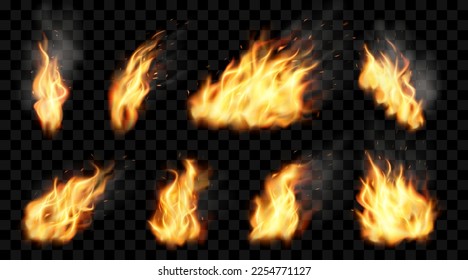 Fire flame. Realistic burn effect. Hot combustion. Spark and smoke. Hell blaze. Red and dark fireplace. Fiery explosion. Torch light. Bonfire elements set. Vector neoteric illustration