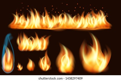 Fire flame realistic set of burning bonfires isolated on dark background. Set of realistic fire flames of various size with sparks. Collection of realistic fire flames