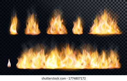 Fire flame realistic set. Flare bonfire, bright small and big fiery elements. Vector illustration.