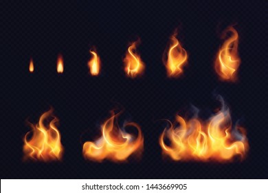 Fire flame realistic set of small and big bright elements on black background isolated vector illustration