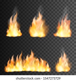 Fire flame realistic set of small and big bright elements on transparen black background isolated vector illustration