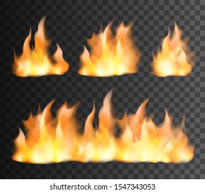 Fire flame realistic set of small and big bright elements on transparent black background isolated vector illustration