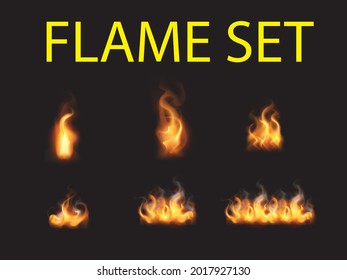Fire flame realistic set of small and big bright elements on black background isolated vector illustration