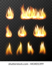 Fire flame. Realistic fire flame tongue icon isolated on transparent background. Burning light effect set. Vector hot glowing bonfire design element. Shining flare, campfire, candle blaze illustration