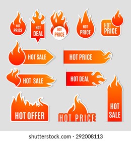 Fire and flame sale clearance and hot deal text labels flat icon set isolated vector illustration