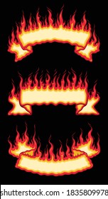 Fire Flame Scroll Banners is an illustration of three flaming fire banners with open space for your own text. Upper Arch, straight and bottom arch banners included. Great for firefighters & cookouts.