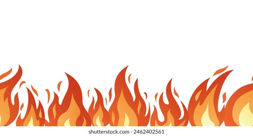 Fire flame seamless border. Bright fiery flames, heat wildfire, campfire red hot bonfire. Burning frame hand drawn isolated on white. Flat style seamless border burning frame. Vector illustration