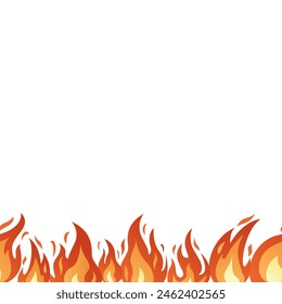 Fire flame seamless border. Bright fiery flames, heat wildfire, campfire red hot bonfire. Burning frame hand drawn isolated on white. Flat style seamless border burning frame. Vector illustration