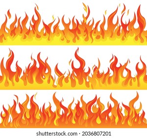 Fire flame seamless border icon set with different types of flames from yellow to dark orange vector illustration