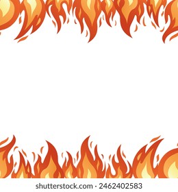 Borde de doble cara sin costuras Fire flame. Llamas ardientes brillantes, fuego salvaje caliente, hoguera roja hoguera dibujada a mano aislada en blanco. Marco de quemado de borde sin costuras de estilo plano. Ilustración vectorial