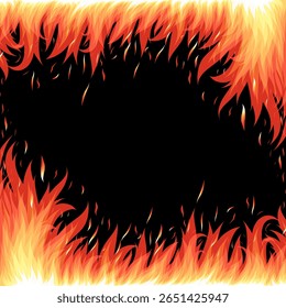 Fogo chama sem costura borda dupla face. Brilhantes chamas de fogo, fogo selvagem de calor, fogo de campfire mão quente bonfire desenhada isolada no branco. Estrutura de gravação de borda sem costura de estilo plano. Ilustração vetorial
