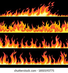 Fire flame seamless pattern set. Bright cartoon endless spurts of frames and borders, flaming background collection, creative design textile, wrapping paper, wallpaper vector isolated on black texture