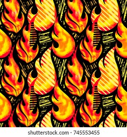 Fire flame seamless pattern.Textile ink brush strokes design in doodle grunge texture style.Unique scrapes, watercolor blotted background for a logo, cards, invitations, posters, banners.