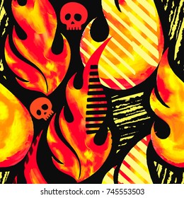 Fire flame seamless pattern.Textile ink brush strokes design in doodle grunge texture style.Unique scrapes, watercolor blotted background for a logo, cards, invitations, posters, banners.