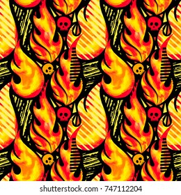 Fire flame seamless pattern.Textile ink brush strokes design in doodle grunge texture style.Unique scrapes, watercolor blotted background for a logo, cards, invitations, posters, banners.