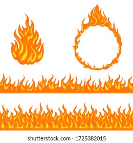 Fire and flame. Set of design elements isolated on white background. Vector cartoon bonfire, horizontal seamless border and flame round ring. Simple flat style.