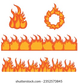 Fire and flame. Set of design elements isolated on white background. Vector cartoon bonfire, horizontal seamless border and round ring of flame. Simple and flat style.