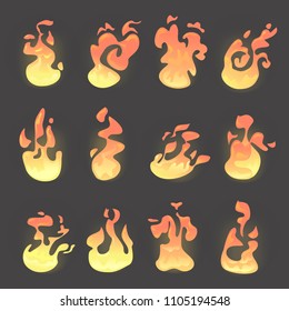 Fire flame set. Fiercely burning in red and orange color, bright, explosion. Vector flat style cartoon fire icon illustration isolated on black background