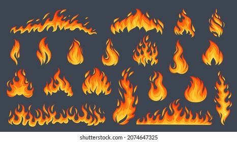 Fire flame set. Flare bonfire, bright small and big fiery elements. Orange flaming elements vector illustration.