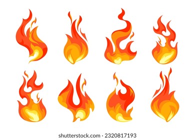 Fire flame, set. Hot flaming elements. Bonfire. Decorative elements. Icons, vector