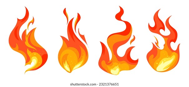 Fire flame, set. Hot flaming elements. Bonfire. Decorative elements. Icons, vector