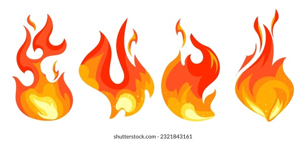 Fire flame, set. Hot flaming elements. Bonfire. Decorative elements. Icons, vector