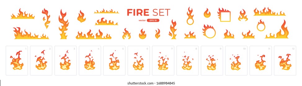 Fire flame set isolated. Icons. Flat style vector illustration. Flame, fire, torch, campfire. Cute cartoon design. Orange and yellow colors. Realistic template.