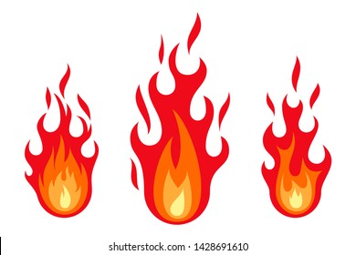 Fire flame set isolated on the white background. Different shapes flat style. Vector illustration.