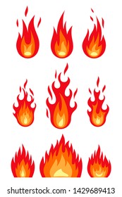 Fire flame set isolated on the white background. Different shapes flat style. Vector illustration.