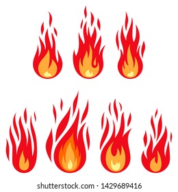 Fire flame set isolated on the white background. Different shapes flat style. Vector illustration.