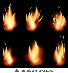 fire flame set on black background.