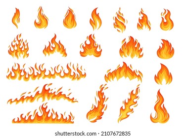 Fire flame set. Orange flaming elements vector illustration. Flare bonfire, bright small and big fiery elements.